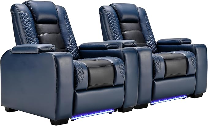 ANJ Power Home Theater Seating Set of 2 Blue Faux Leather Electric Recliner Chair with Adjustable Headrest Dual Motors Movie Reclining Chairs with LED LightsUSB portCup Holders Hidden Arm Storage