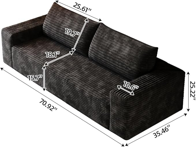 71 Cloud Compressed Sofa Corduroy Fabric Loveseat Deep 3 Seat Boneless Couch No Assembly for Living Room Bedroom Conference Room Apartment (Black-71)