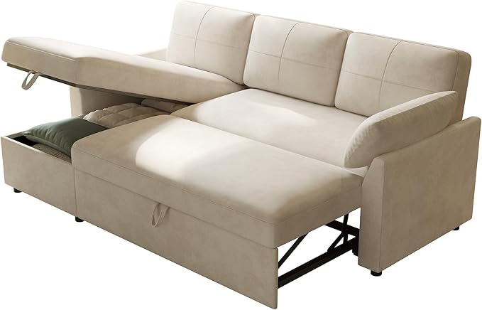 PaPaJet Sofa Bed Sleeper Sofa with Storage Chaise L Shaped Sofa with Pull Out Bed Oversized Sofas for Living Room Beige
