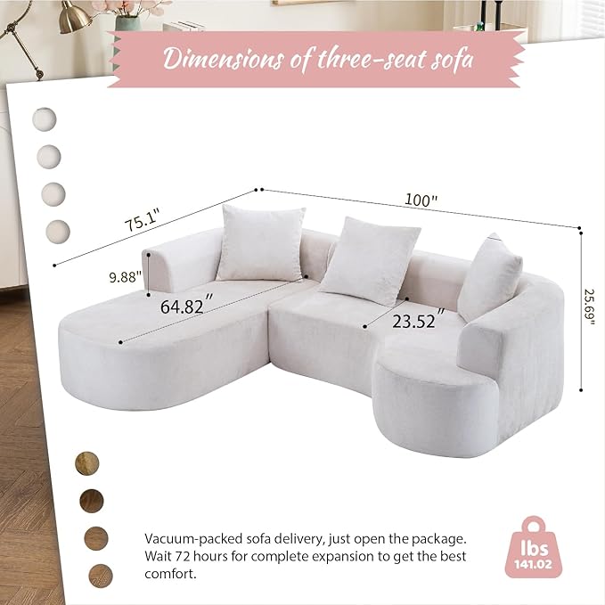 100''Oversized Sectional Sofa with Chaise for Living RoomModern Luxury Chenille 3-Seater Sofa Extra Wide Seat L-Shape Curved Cloud Couch with 3 Throw Pillows (Beige 100)