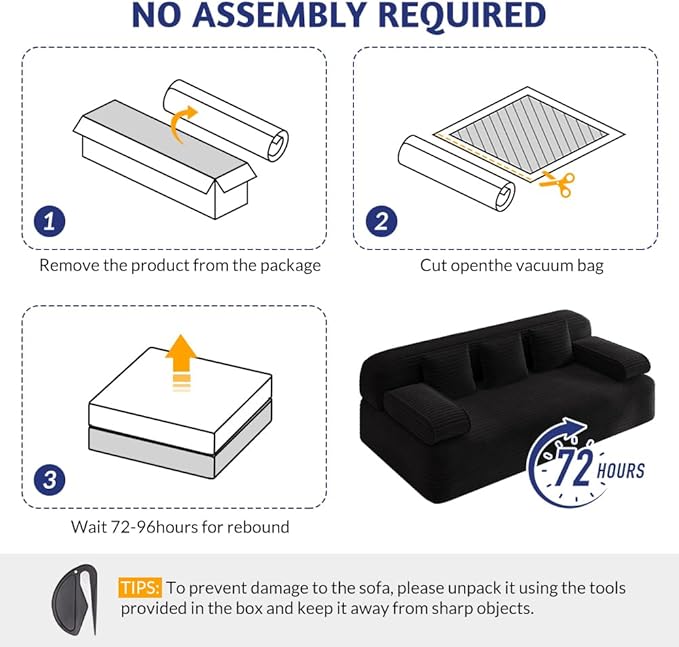 78.7 Queen Convertible Sofa Bed 2-in-1 Corduroy Folding Floor Couch with 3 Pillows Sleeper Sofa for Living Room and Bedroom No Assembly Required (Black)