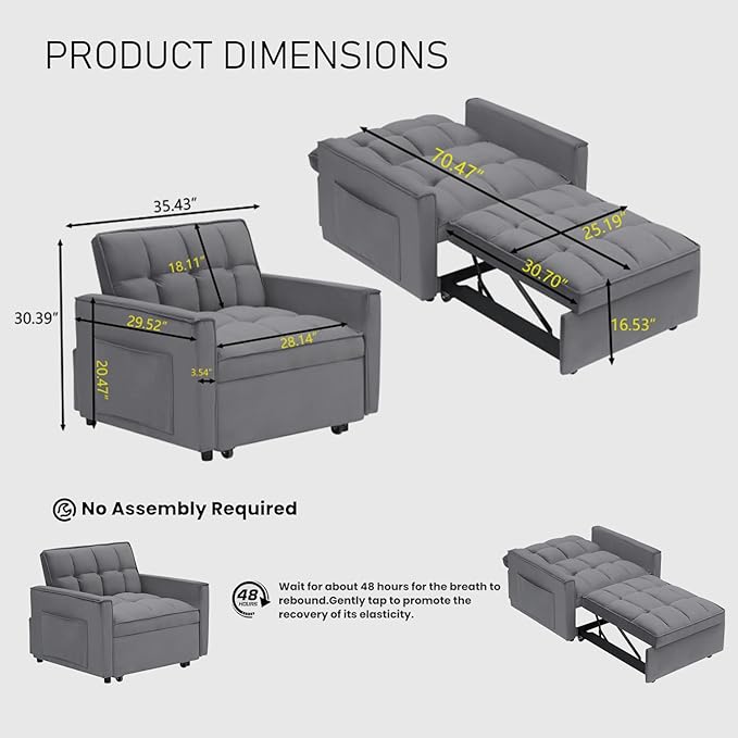 3 In 1 Velvet Convertible Sofa Bed Pull Out Couch Bed with Reclining Backrest And 2 Pillows 54 Full Size Loveseat Sleeper Sofa Futon Couch Bed Couches For Small Spaces Living Room (Dark Grey)