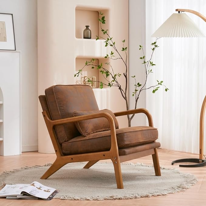 Mid-Century Accent Chair with Lumbar PillowUpholstered Lounge Chair with Padded Back and Seat CushionReading Chair with Oak ArmrestSingle Sofa Chair with Wood Frame for BedroomLiving RoomOffice