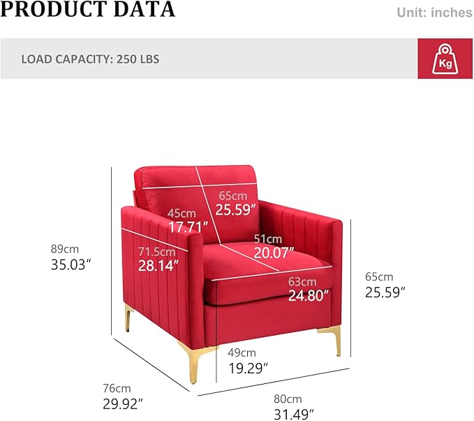 Rose Red Accent Chair Small for Bedroom Living Room Comfy Accent Chair Amchair Modern Single VelvetSofa Chair with Metal Legs
