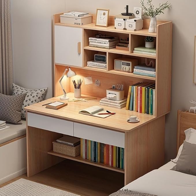 LITFAD Modern Computer Desk Work from Home Desk with Hutch Bookcase and Integrated Cable Management Rectangular Wood Office Desk 2 Drawers 31.5 L x 17.7 W x 59.8 H Natural