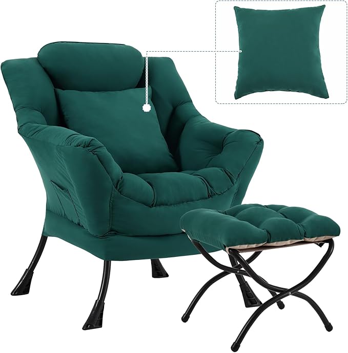 Lazy Chair with Ottoman Comfy Reading Chair with Footstool &amp Pillow Modern Lounge Chairs with Armrests &amp Side Pocket for Living Room Bedroom Dorm RoomDark Green