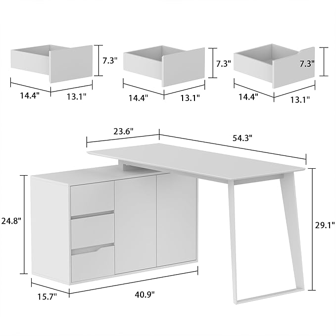 Homsee Home Office Computer Desk Corner Desk with 3 Drawers 2 Shelves &amp 2 Doors 55 Inch Large L-Shaped Study Writing Table with Storage Cabinet White &amp Brown (54.3”L x 40.9”W x 29.1”H)