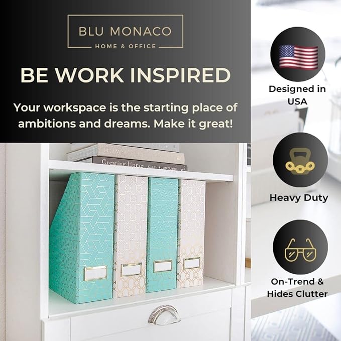 BLU MONACO | Set of 4 Foldable Pink &amp Aqua Magazine File Holders with Gold Geometric Patterns | Vertical File Organizer Boxes with Gold Label Holders for Home &amp Office