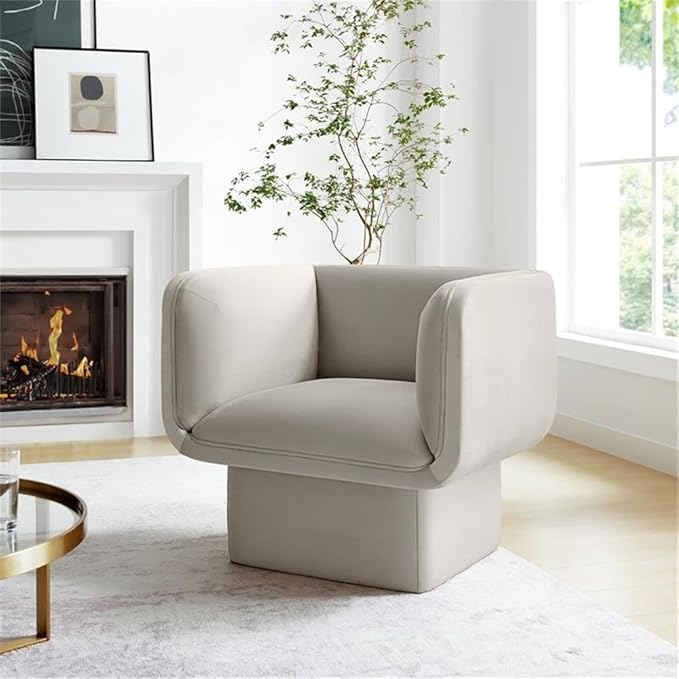 Pemberly Row Modern Velvet Accent Chair Almond Finish Dense Foam Padding Fixed Seat and Back Cushion Sturdy Wood Frame Detailed French Piping Living Room or Bedroom Upholstered Chair