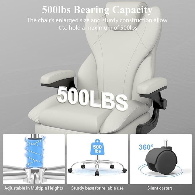 Office Desk Chair Executive Leather Office Chair High Back Ergonomic Home Desk Chair with Padded Flip-up Arms Big and Tall Computer Chair with Rocking Function 360°Swivel Free White
