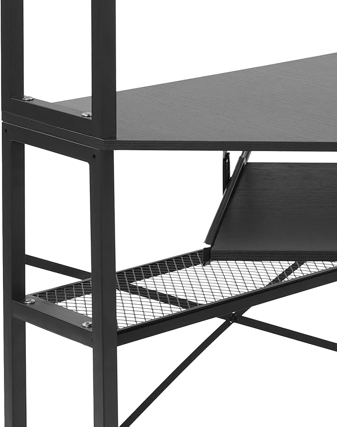 Corner Desk with Hutch 90 Degrees Triangle Computer Desk w/Keyboard Tray &amp Bookshelves for Small Space Space Saving Writing Desk w/Storage Shelves for Bedroom Apartment (Black)