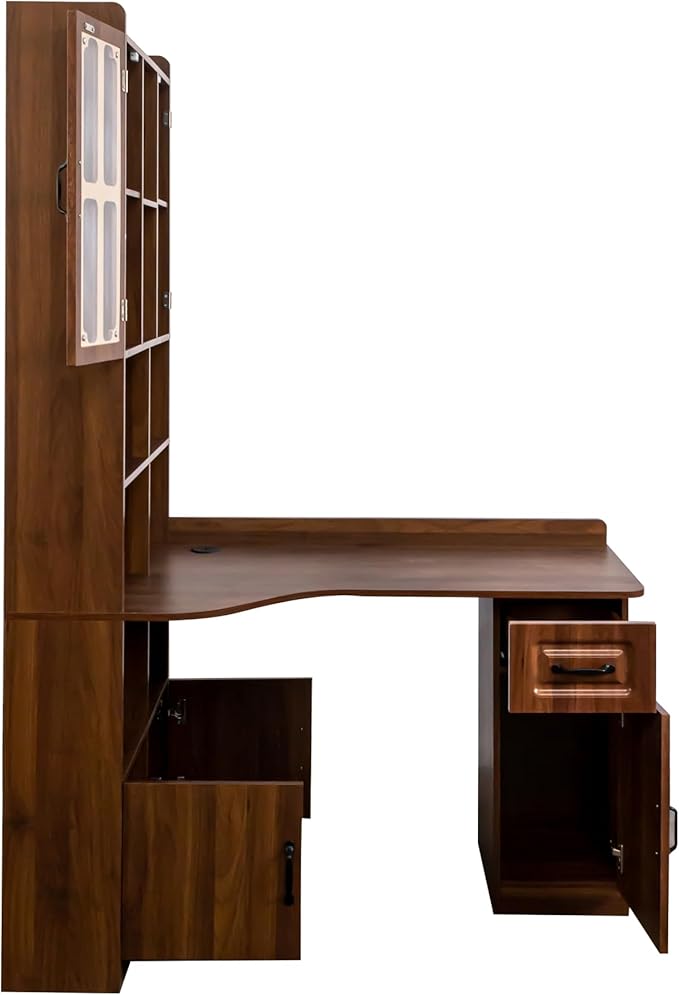 Jmyab L-Shaped Corner Computer Desk for Home Office Study Modern Style Table with Drawer Bookshelf Hutch Study Table 2-in-1 L-Shaped Design Large Working Space Walnut