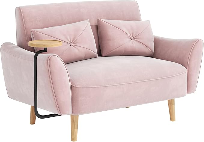 Brelice Loveseat Sofa 47 Velvet Couch for Bedroom Convertible Wooden Tray &amp Ergonomic Armrest for Small Space Apartment Living Room Home Office Easy Assembly Pink