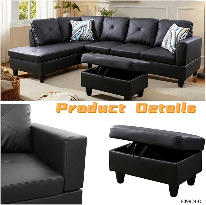 FONTOI L Shaped Sectional Couch with Otttoman 97 Leather Sectional Sofa for Living Room Modular Couches with Cup Holders for Bedroom Apartments Black