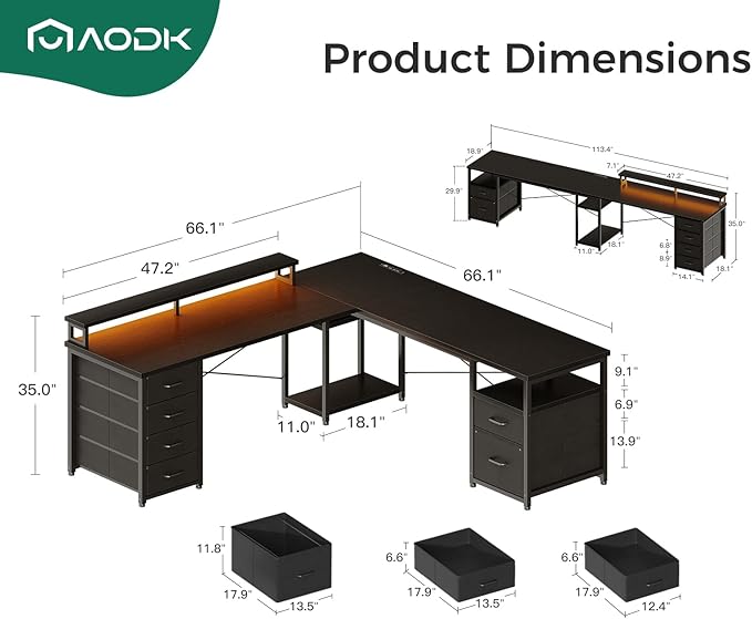 AODK 66 L Shaped Computer Desk 113“ Reversible Home Office Desk with File Cabinet &amp 4 Fabric Drawers Two Person Desk with LED Lights &amp Power Outlet Corner Gaming Desk with Monitor Shelf B