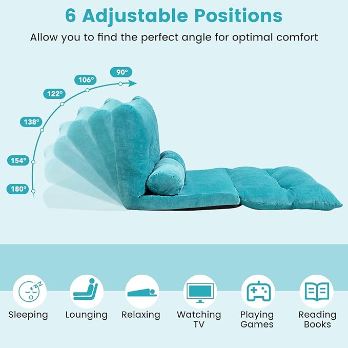 KOMFOTT Foldable Floor Lazy Sofa with 2 Pillows 6-Position Adjustable Reclining Sofa Sleeper Bed Convertible Futon Couch Bed Floor Couch Lounge for Relaxing Reading Playing Gaming (Turquoise)