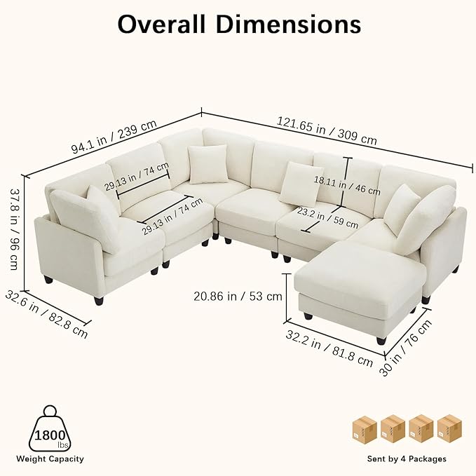 121'' 7-Seater Modular Sectional Upholstered Couches Chenille Cloud Couch with Movable OttomanL/U-Shape Modern Sofa for Living RoomBeige