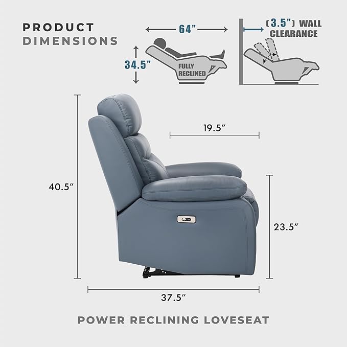 Lexicon 64 W Power Double Reclining Loveseat with USB Charging Port Wall Hugger Leather Match Reclining Love Seat for Living Room Apartment Easy Assembly Blue