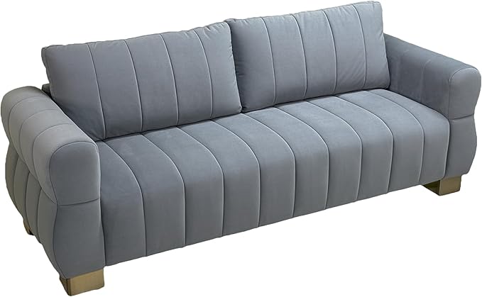 KEIKI 87 Oversized Velvet Cloud Comfy Sofa with Vertical Striped Backrest Cushion Upholstered 3-Seater Fluffy with Golden Metal Legs Easy Assembly for Office Apartment Living Room Grey
