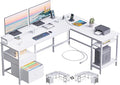 Furologee 66” L Shaped Desk with Power Outlet Reversible Computer Gaming Desk with File Drawer &amp 2 Monitor Stands for Home Office with Storage Shelves White