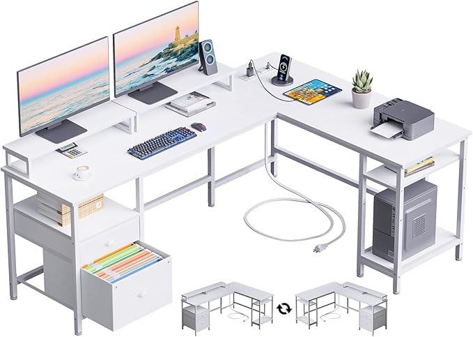 Furologee 66” L Shaped Desk with Power Outlet Reversible Computer Gaming Desk with File Drawer &amp 2 Monitor Stands for Home Office with Storage Shelves White