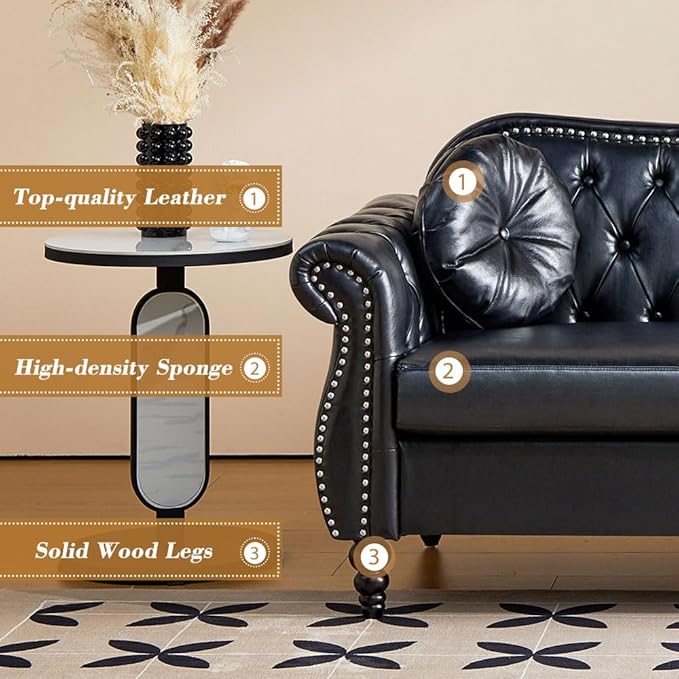 AVZEAR Chesterfield 2-Piece Living Room Sectional Sofa Set Mid-Century Modern Upholstered PU Sofa Couch Classic Tufted Button Sofa with Nailhead Trim for Living Room Office (2+3 Seat Black)