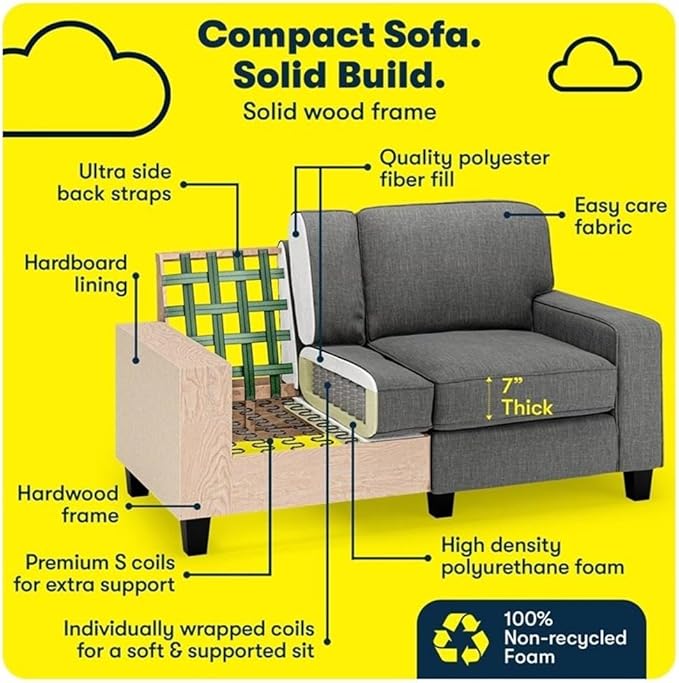 Pemberly Row 61 Track Arm Loveseat Sofa Gray Anti-Pilling Polyester Fabric Removable Covers Solid Wood Frame Compact Modern Design for Living Room or Home Office Spaces