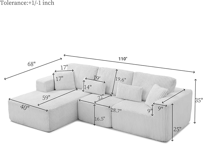 110 Cloud Couch Sectional L Shaped Boneless Couch Sectional Couches for Living Room Modern Comfy Corduroy Fluffy Modular Sofa with Deep Seat No Assembly (White Right Facing Chaise)