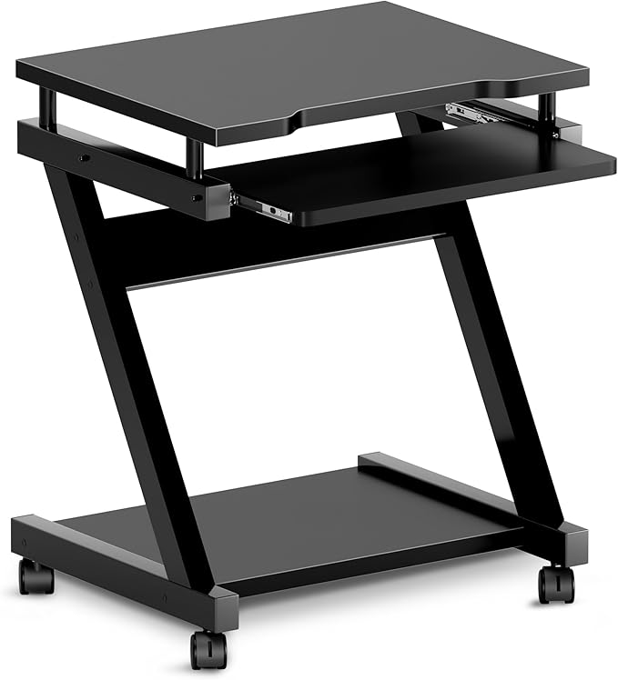 sogesfurniture Mobile Computer Desk Small Rolling Work Workstation for Home and Office with Printer Shelf Keyboard Drawers23.6 x 18.9 x 28.7 InchesBHUS-DX-8110-BB(Black)