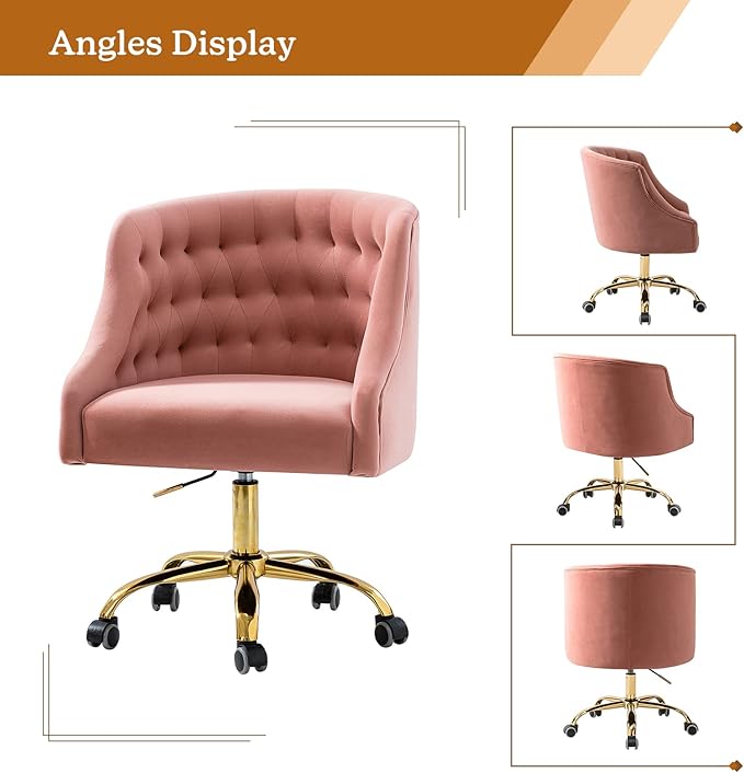 Velvet Home Office Chair with Gold Base Comfortable Modern Cute Desk Chair Adjustable Swivel Task Chair for Living Room Bedroom Vanity Study Pink