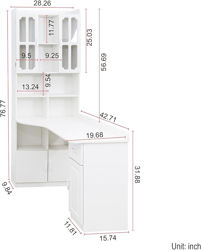 L Shaped Computer Desk with Hutch and Bookshelf Home Office Gaming Corner Desk with Drawers and Storage Shelves for Writing Work Bedroom Living Room White (Style-08)