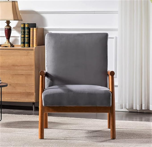 Container Furniture Classic Living Room Mid Century Modern Accent Chair with Unique Open-Framed Arm Design and Solid Wood Frame Velvet Armchair Grey