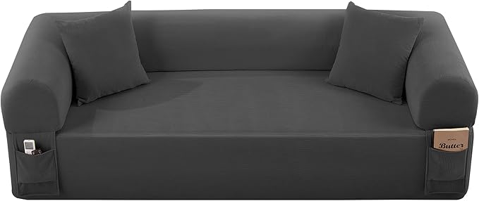 AC Pacific 3-Seater Sofa with Pillows &amp Storage – Low-Profile Hybrid Design Pocketed Springs &amp High-Density Foam Gray Fabric Couch for Living Room Apartment Charcoal