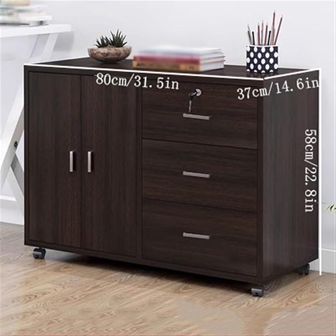 Wood File Cabinet with Three Drawers with Double Door Storage Filing Cabinet with Lock and Removable Rollers (Color : Bruin)