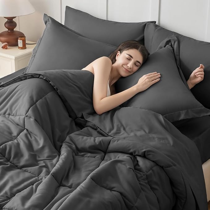 JOLLYVOGUE Twin Comforter Set Ultra-Soft Bed in a Bag Twin Size 5 Pieces Oeko-TEX Certified Bedding Set with Down Alternative Comforter Sheets Pillowcases &amp Shams Dark Grey