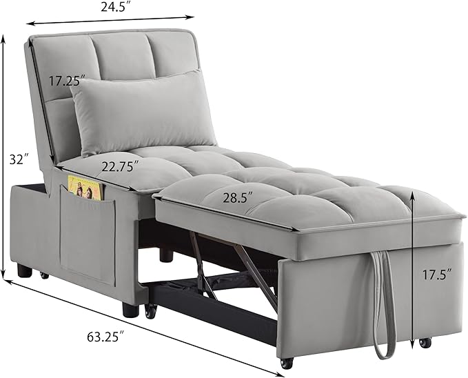 4 in 1 Multi-Function Single Sofa Bed Pull Out Couch with Adjust Backrest Tufted Single Pull-Out Sofa Bed with Storage Pockets and 2 Pillows Velvet Chaise Lounge for Bedroom Living Room (Gray)