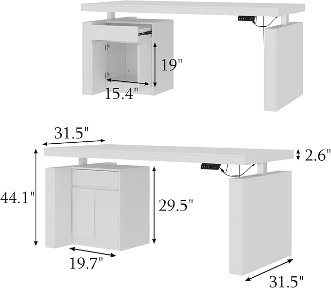 Electric Standing Desk 29.5-44.1 Height Adjustable Computer Desk with Drawer and Storage Cabinet Memory Study Writing Gaming Table for Home Office White