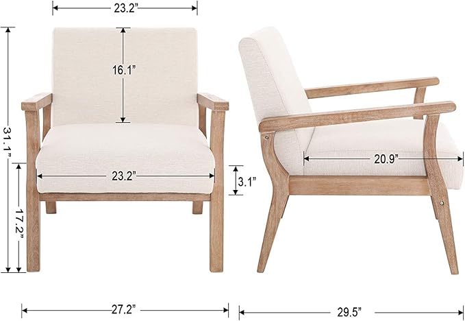 Beige Accent Chair Set of 2 Mid Century Modern Living Room Armchair Wood Sitting Chair Linen Fabric Upholstered Side Chair for Bedroom Cream