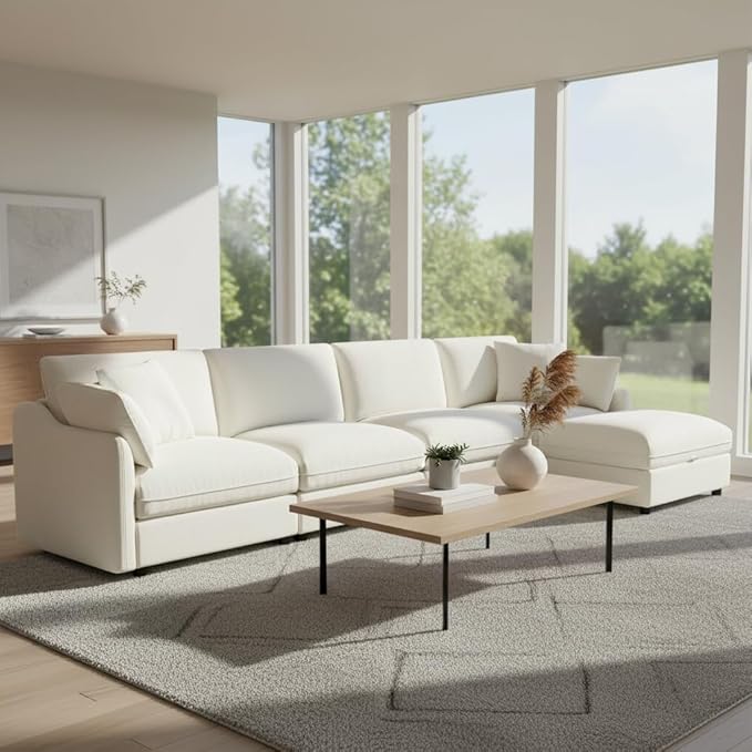 147 Cloud Sectional Couches for Living RoomL Shaped Oversized Modular Modern Linen Sofa with 1 Movable Ottoman5 Deep Seat with 2 Throw PillowsWarm White