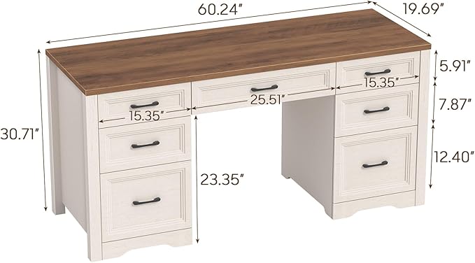 Vabches Farmhouse Executive Desk Wood Home Office Desk with 2 Large File Drawers and 5 Storage Cabinets Rustic Writing Desk for Work and Study Brown
