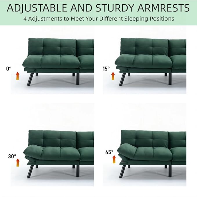 71-inch Microfiber Upholstered Futon Sofa Bed - 2 Seats Adjustable Arms/Back Iron Legs | Convertible to Sleeper for Main Living Spaces Bedrooms Offices (Emerald +2Seat)
