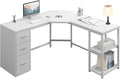 HSH White L Shaped Desk with Drawers Reversible Modern L Shaped Corner Computer Desk with Storage Cabinet Shelves Large Wooden L-Shape Home Office Desk Table for Work Study Writing Gaming 60 Inch