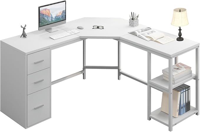 HSH White L Shaped Desk with Drawers Reversible Modern L Shaped Corner Computer Desk with Storage Cabinet Shelves Large Wooden L-Shape Home Office Desk Table for Work Study Writing Gaming 60 Inch