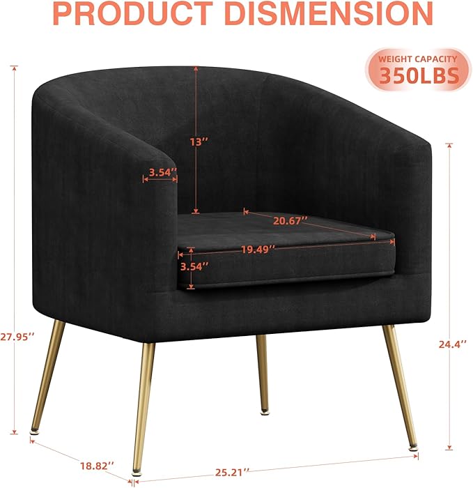 Velvet Accent Chair Set of 2 Modern Barrel Armchair with Gold Legs Upholstered Club Chairs for Living Room/Bedroom/Guest Reception Black