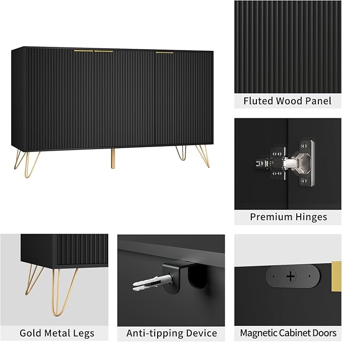 Fluted TV Stand for 100 Inch TVBlack TV Stands for Living RoomModern Entertainment Center with Storage CabinetsAdjustable Shelves &amp Gold HandlesWood Media Console for Living Room
