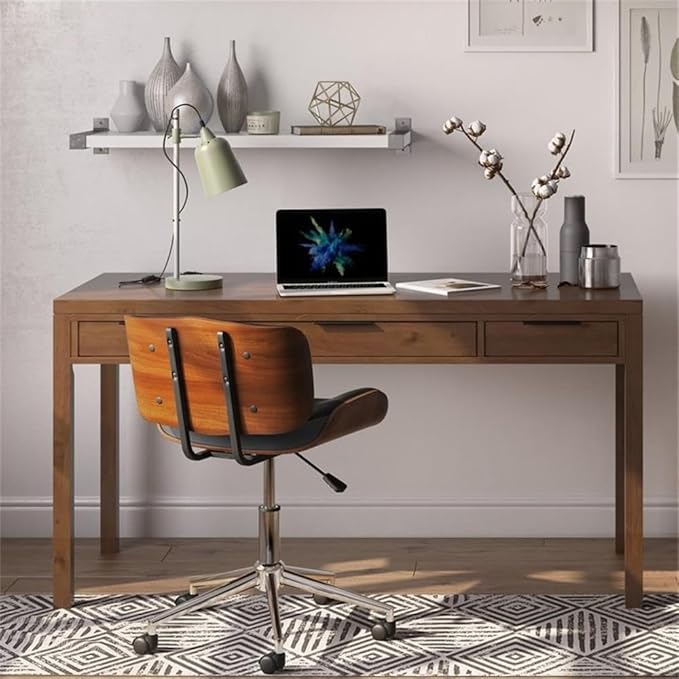 Pemberly Row Solid Wood Contemporary Desk 60 W x 24 D x 31.5 H Medium Saddle Brown Stain 2 Side Drawers Keyboard Tray Home Office Computer Desk