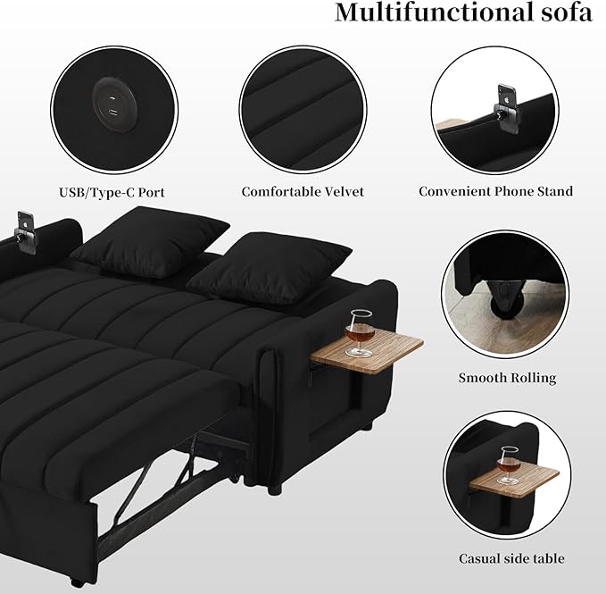 Loveseat Sleeper Sofa 3 in 1 Convertible Sofa Bed Adjustable Backrest Comfy Pull Out Couch Modern Upholstered Sofa for Living Room Bedroom Apartment Small Space (d-Black)