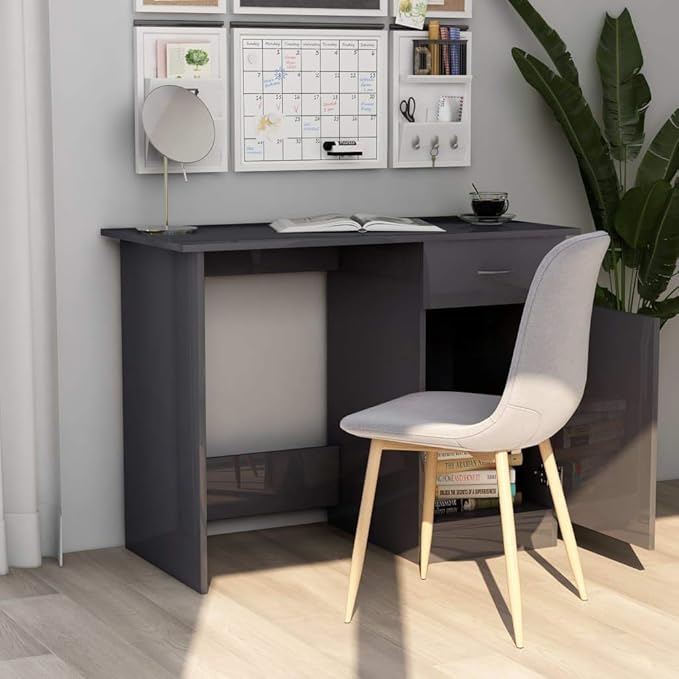 vidaXL Desk with Integrated Storage High Gloss Gray Finish Compact Design Durable Engineered Wood Modern Style Home Office Furniture - 39.4 x 19.7 x 29.9