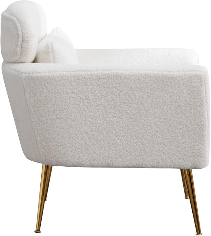 29.5 W Modern Boucle Accent Chair Armchair Upholstered Reading Chair Single Sofa Leisure Club Chair with Gold Metal Leg and Throw Pillow for Living Room Bedroom Dorm Room Office Ivory Boucle