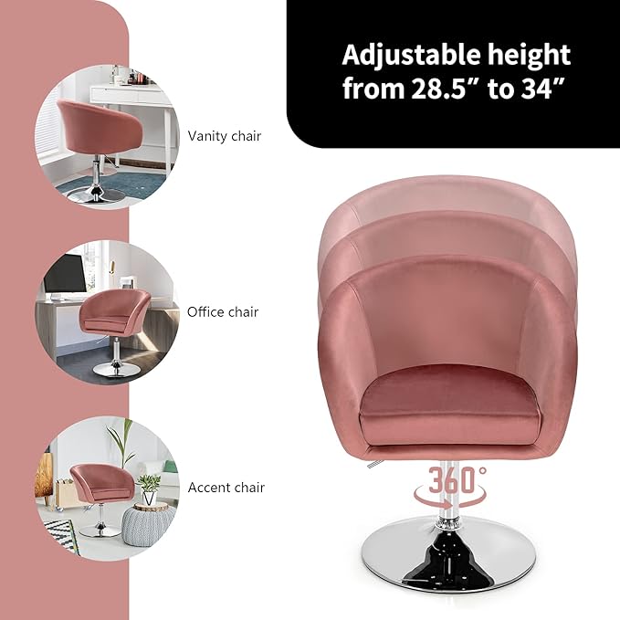 COSTWAY Vanity Chair Height Adjustable Modern Velvet Makeup Chair with Chrome Frame Round-Back Comfortable Swivel Accent Leisure Chair for Living Room Bedroom (Pink)